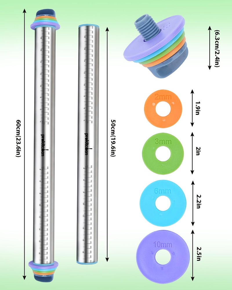 PROKITCHEN Adjustable Rolling Pin with Thickness Rings for Baking, Adjustable Stainless Steel Designs Dough Roller Pins for Cookie Decorating & Dough Pizza Pie Adjustable Long Rolling Pin 23.6 Inch - Image 3